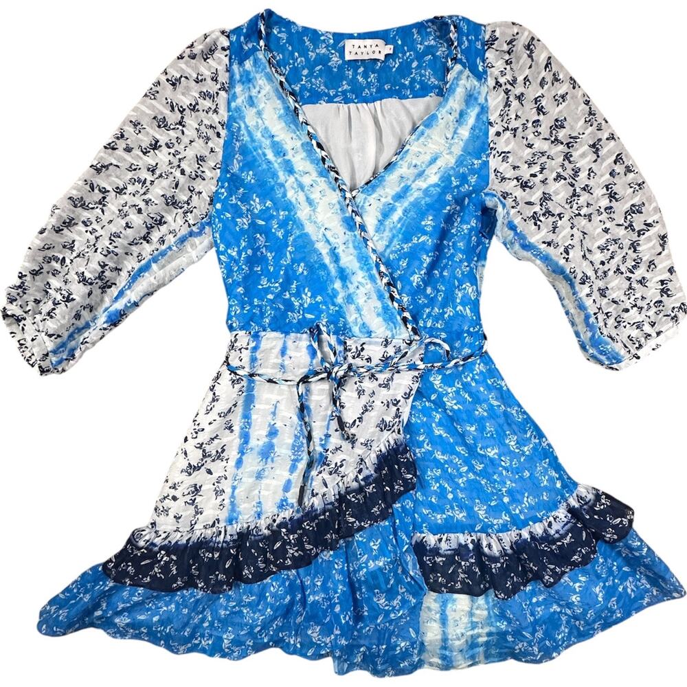 Tanya Taylor Marisa Patchwork Tie Flounce Blue White Floral Silk Dress Size 2